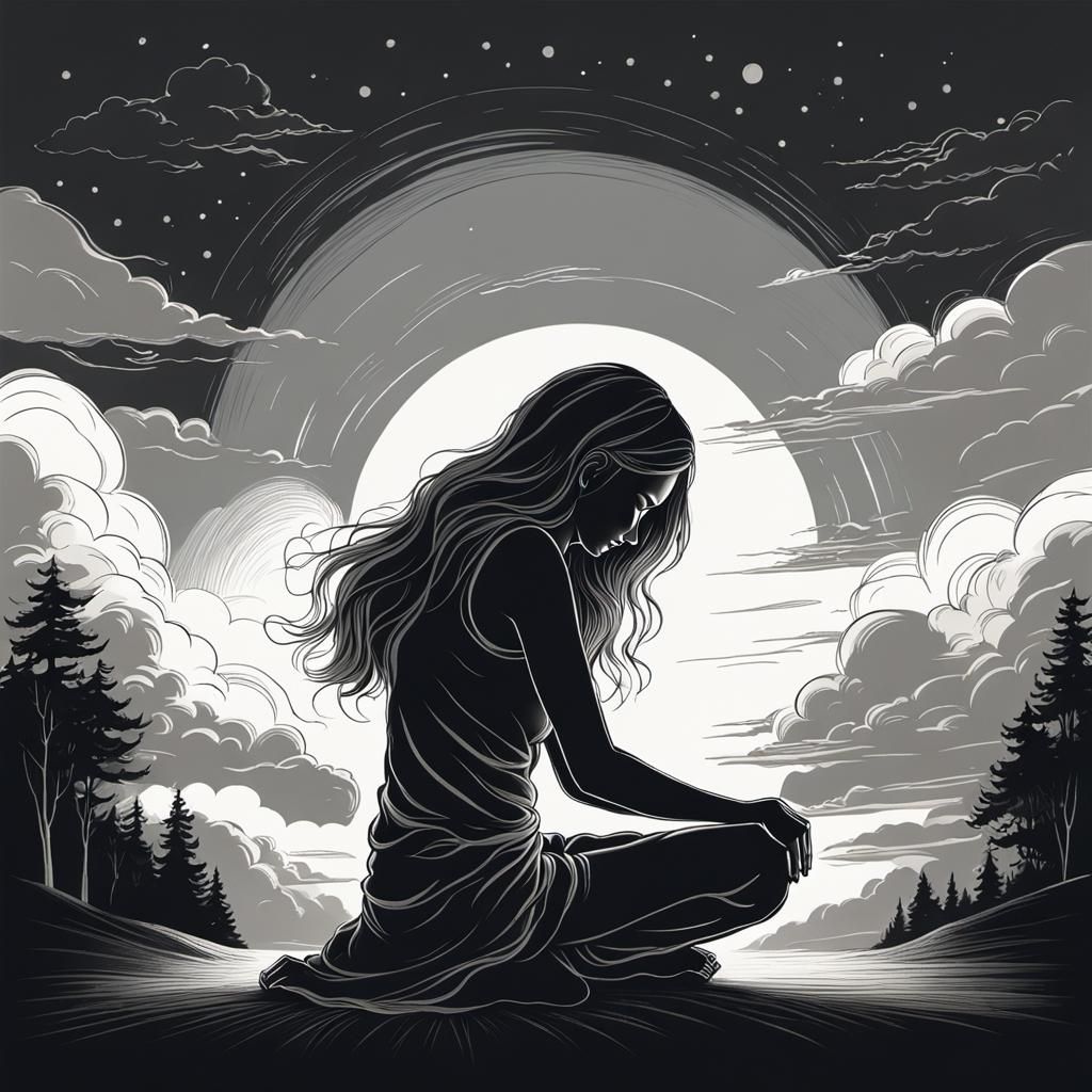 Woman in Prayer: Expressive Charcoal Silhouette