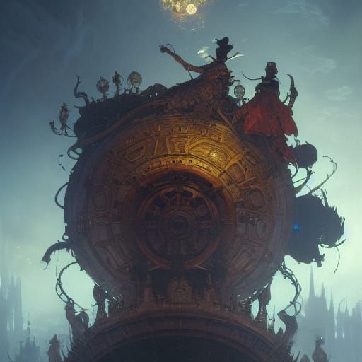 Dark Fantasy Discworld Landscape in Art Nouveau Style