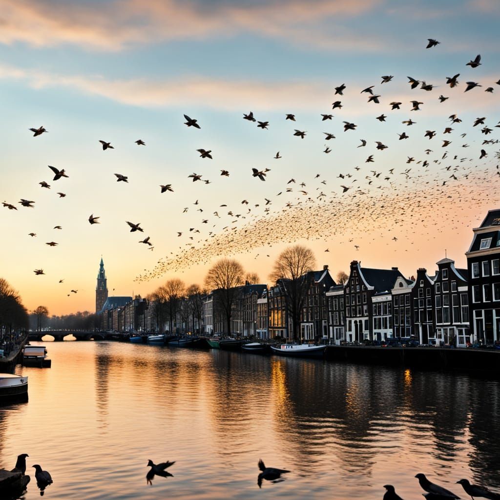 Sparrows Over Amsterdam in Kinetic Pointillism