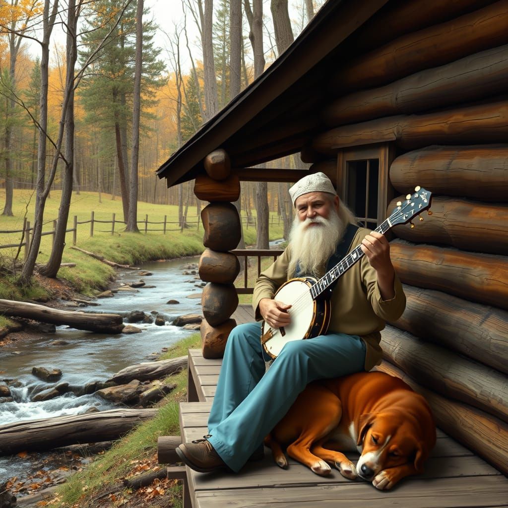 Idyllic Cabin Scene with Banjo Player and Dog
