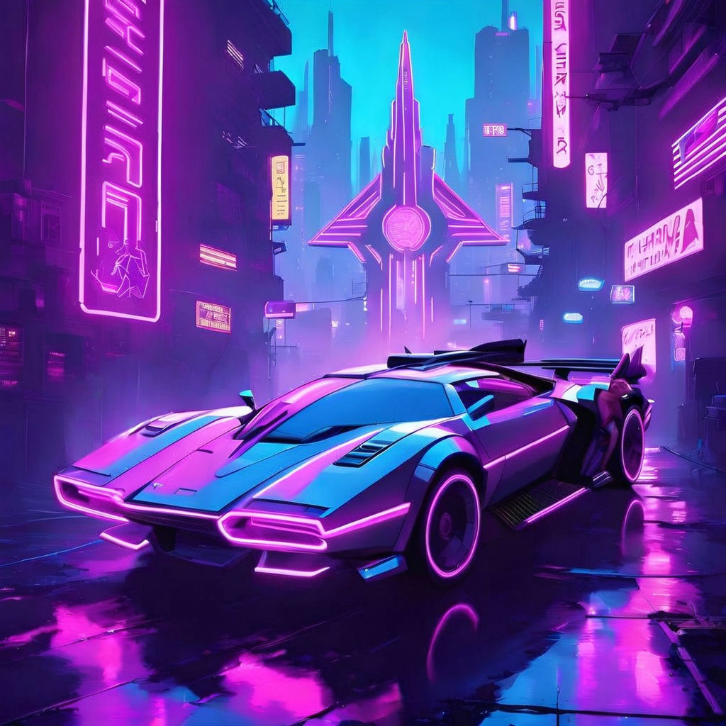 Gothic Car in Cyberpunk Cityscape, Futuristic Design