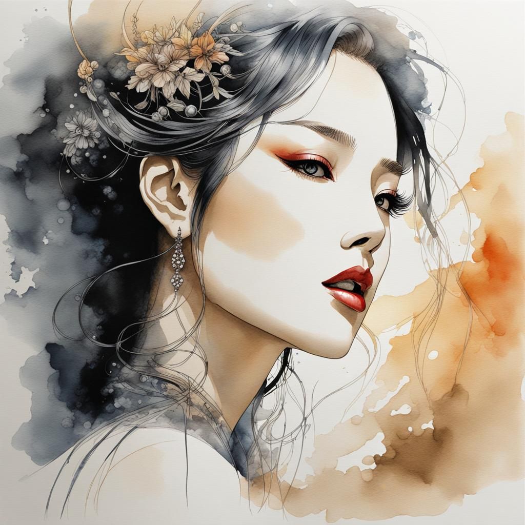 Korean Beauty in Watercolor: One Line Art Portrait