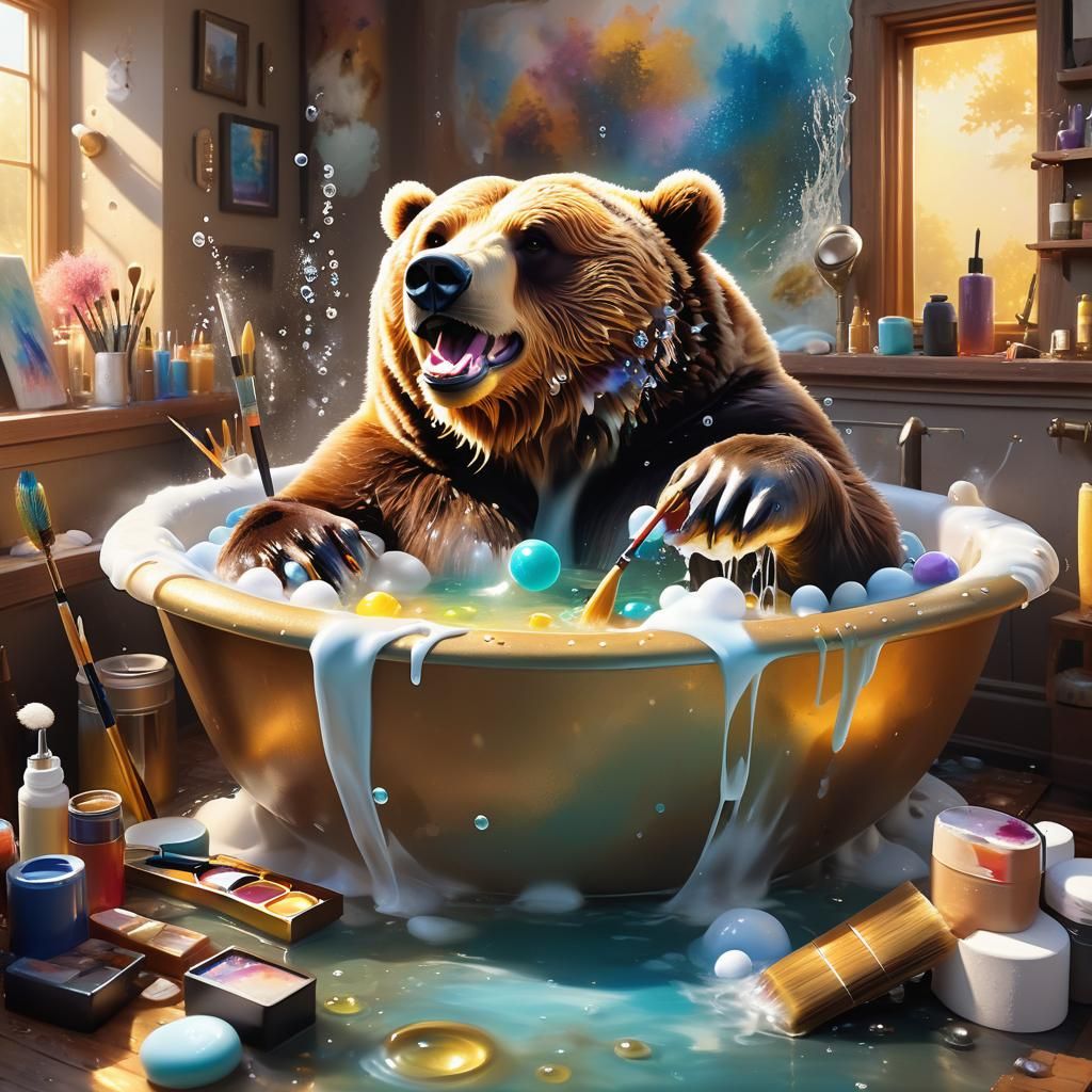 Brown Bear's Bubble Bath: Impressionistic Fantasy Art