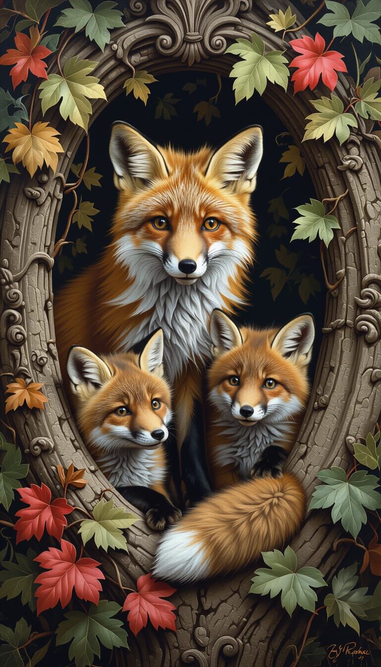 Fox Family in Baroque Style Forest