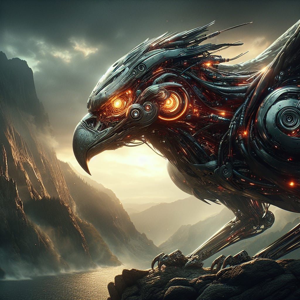 Cyborg Griffin on Cliff: Sci-Fi Digital Matte Painting