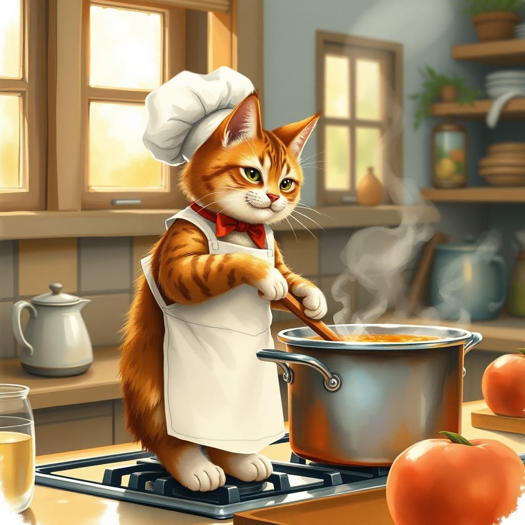 Feline Chef Stirs Pot in Whimsical Kitchen Scene