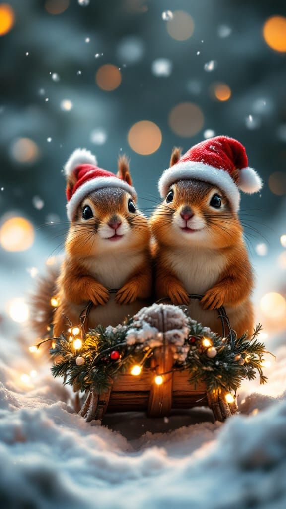 Cute Squirrels in Santa Hats Sleighing Down Snowy Hill
