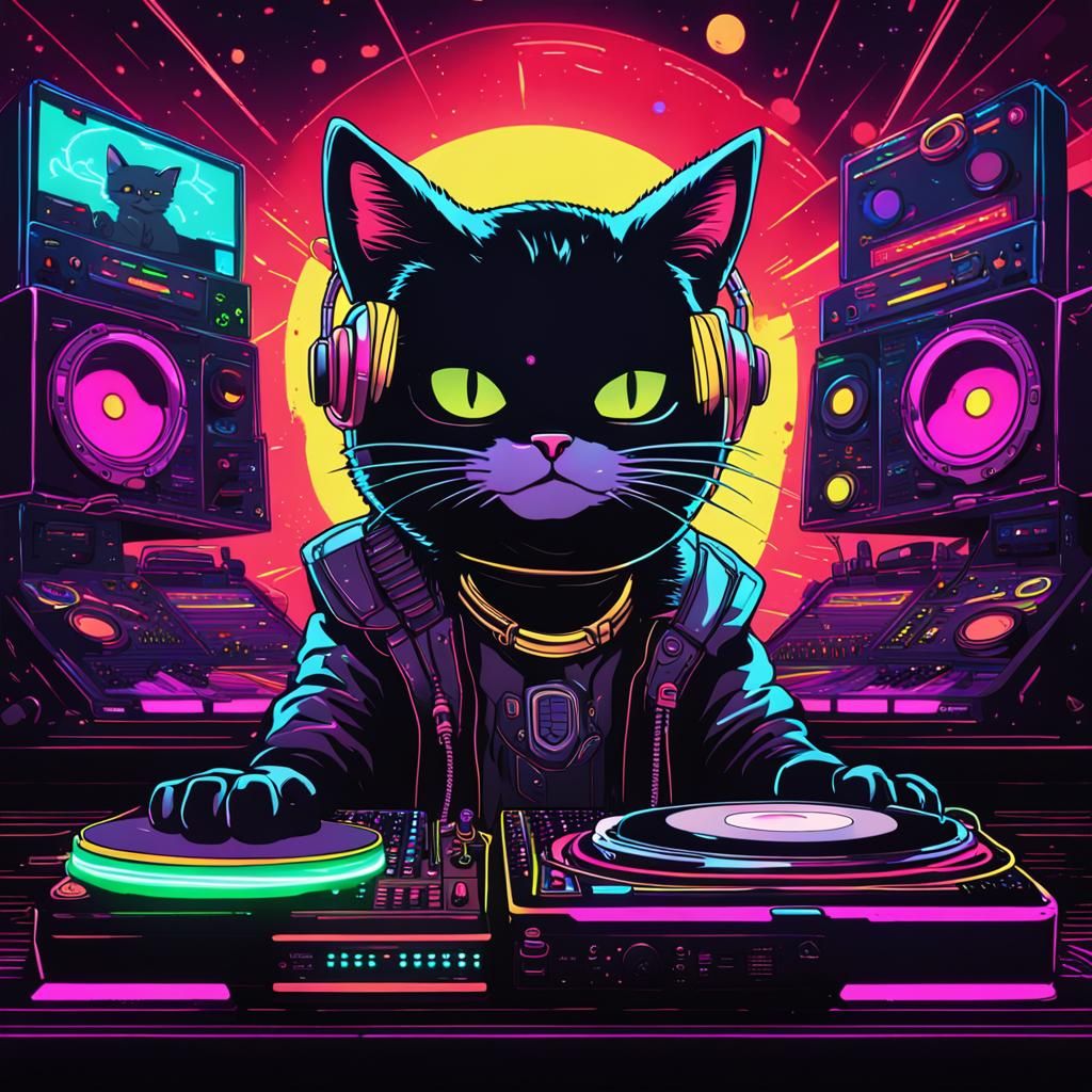 Cyberpunk Cat DJ in Space Cartoon
