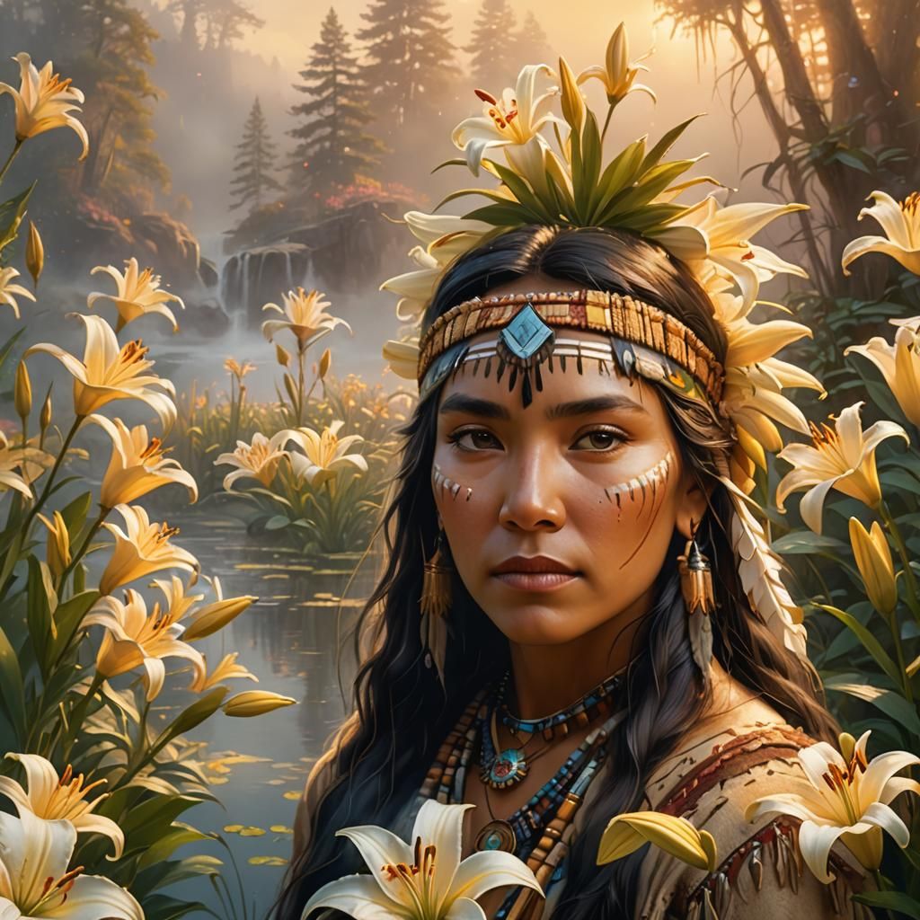 Native American Woman Surrounded by Lilies as Oil Painting