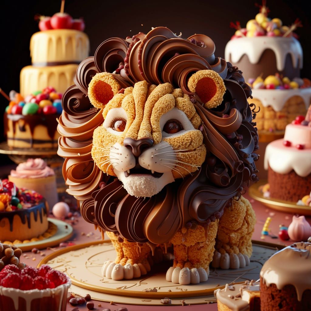 Lion Sculpted from Desserts: A Digital Illustration