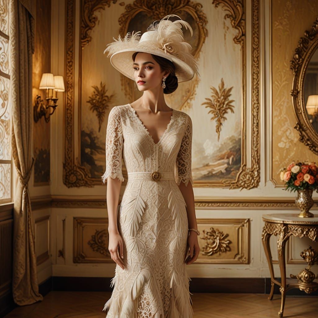 Elegant Woman in White Dress: Vintage Fashion Photography