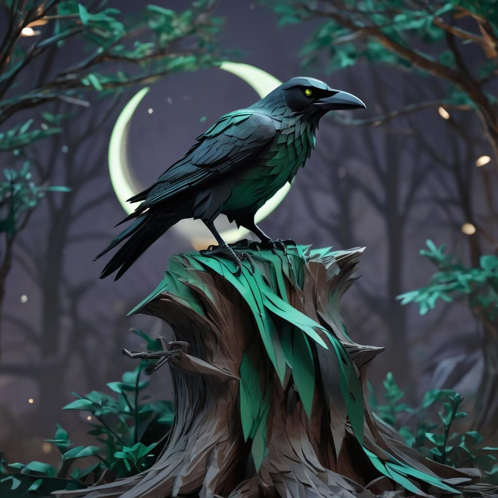Dark Fantasy Papercraft Crow with Glowing Eyes