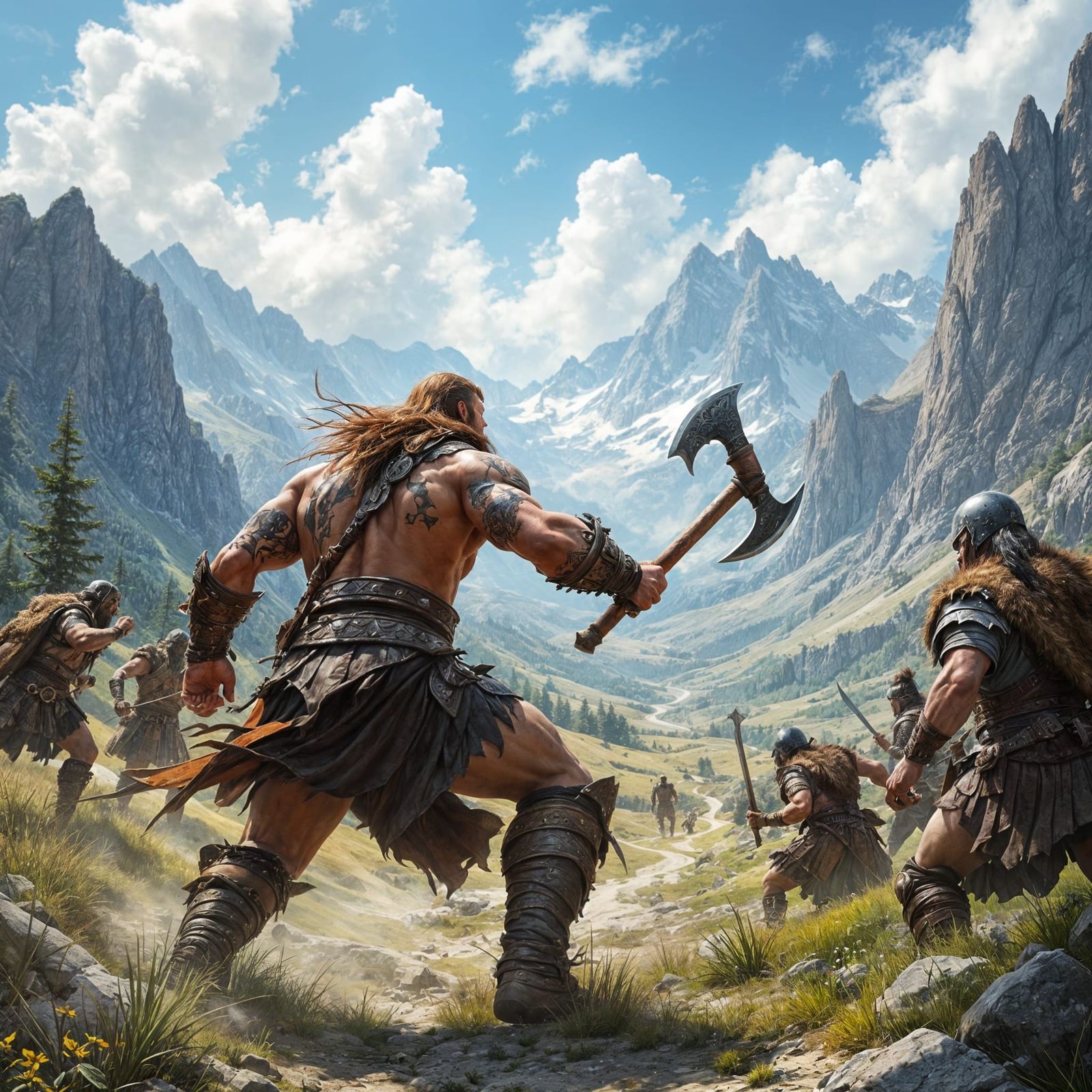 Barbarian Warrior Charges into Mountain Valley Battle