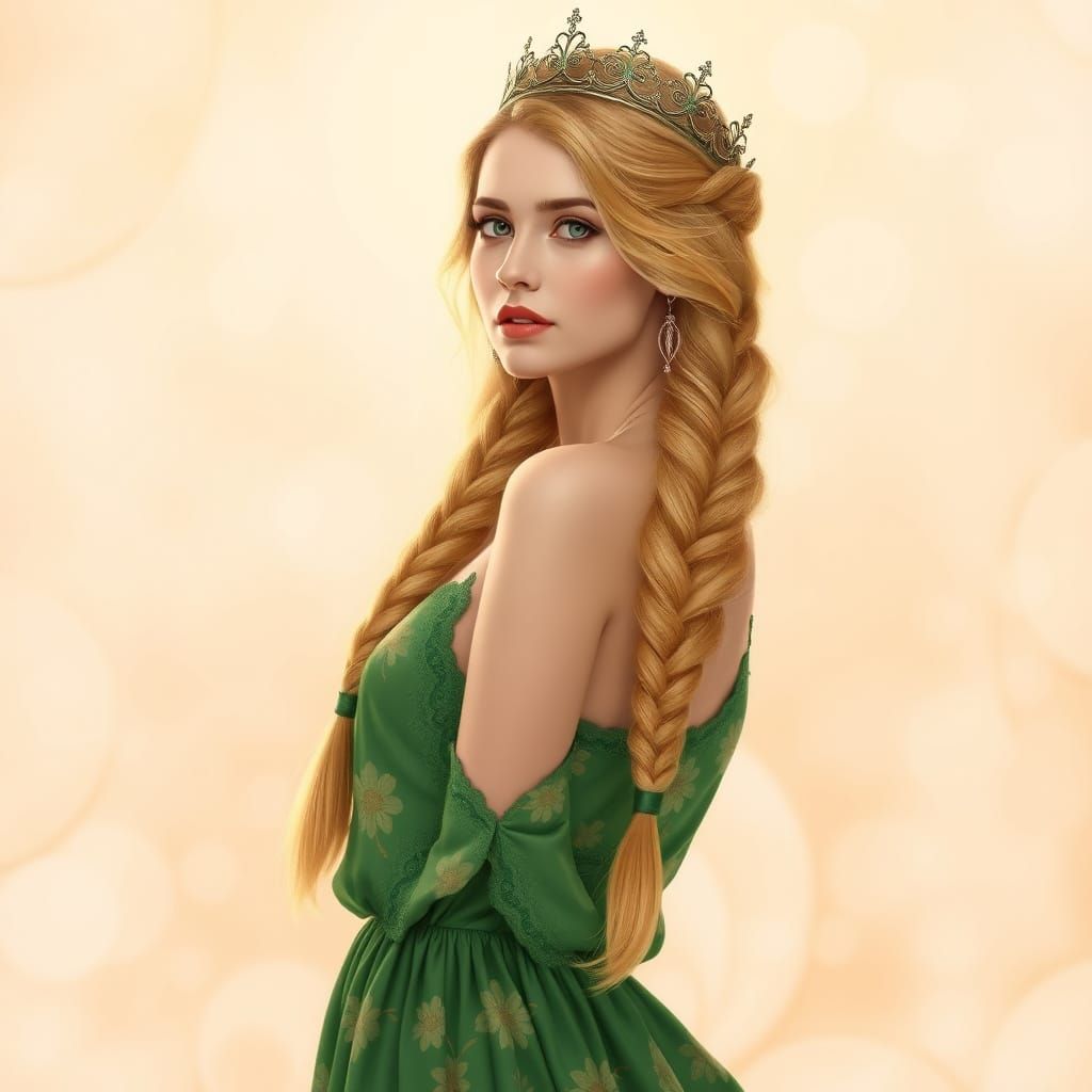 Ethereal Art Nouveau Goddess in Green Floral Dress