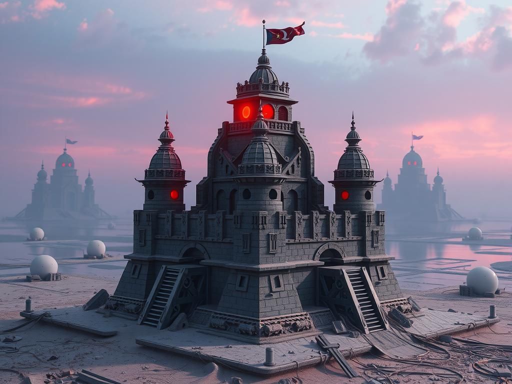 Cyberpunk Sandcastle: Hyper-Detailed Dieselpunk Oil Painting