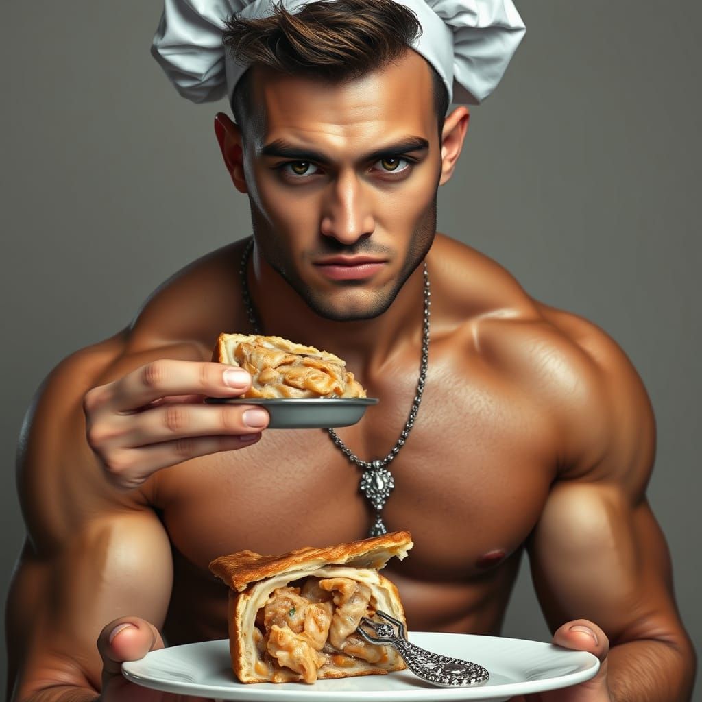 Muscular Chef Serving Chicken Pie, Photorealistic Style