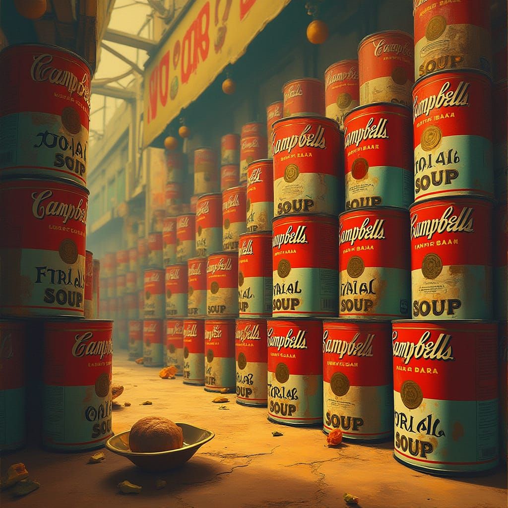 Surreal Italian Market with Distorted Soup Cans