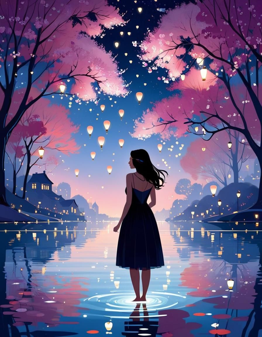 Romantic Scene with Lanterns and Blossoms