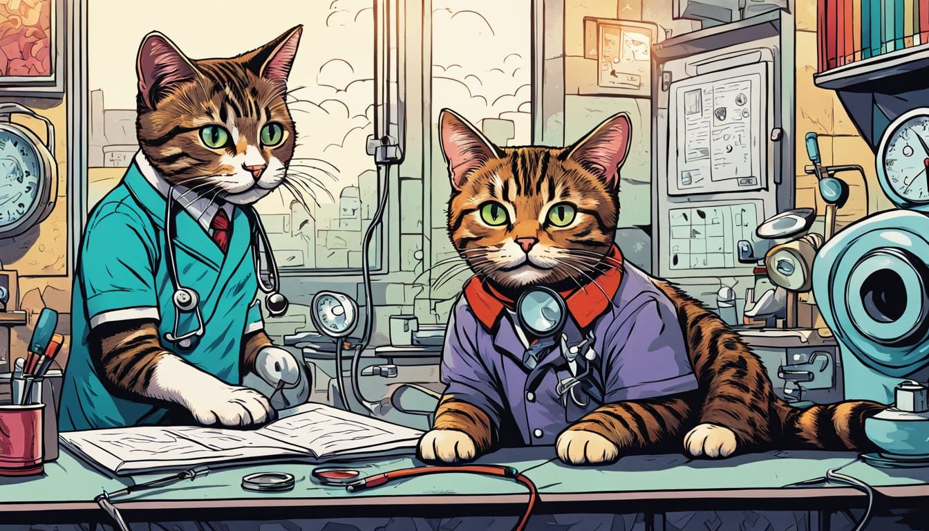 Whimsical Cat Doctor and Nurse in Comic Book Clinic