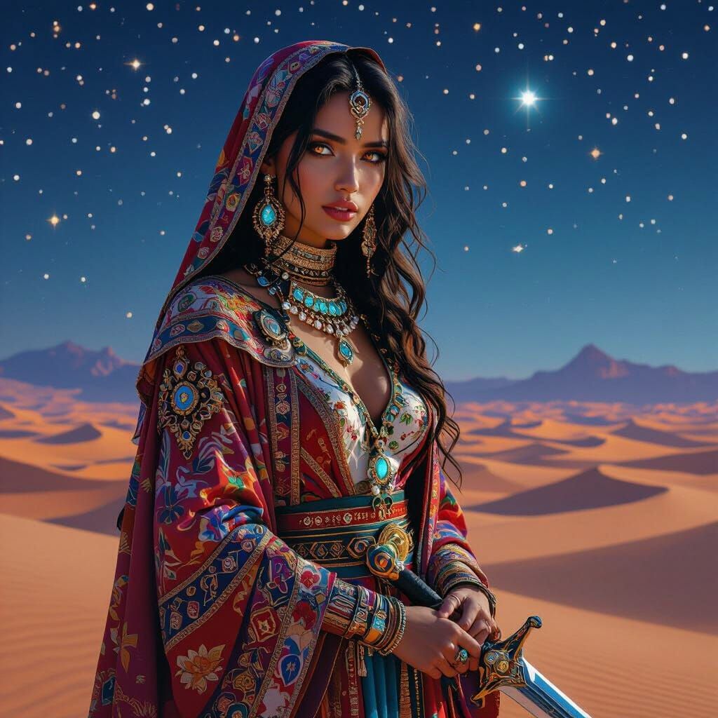 Starlit Desert Warrior in Hyperrealistic Style