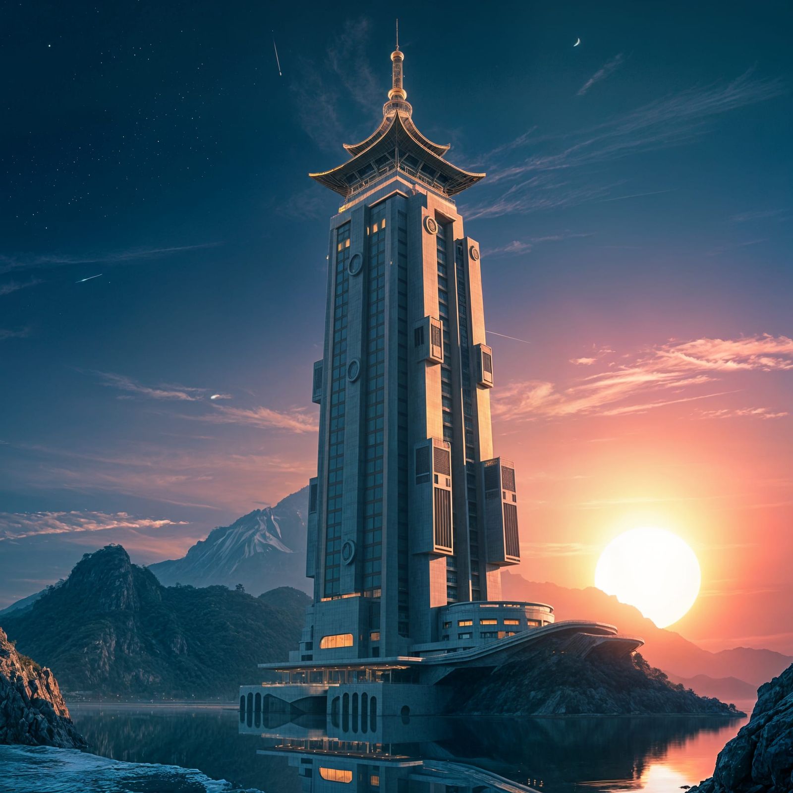 Skyscraper-pagoda on a lake.