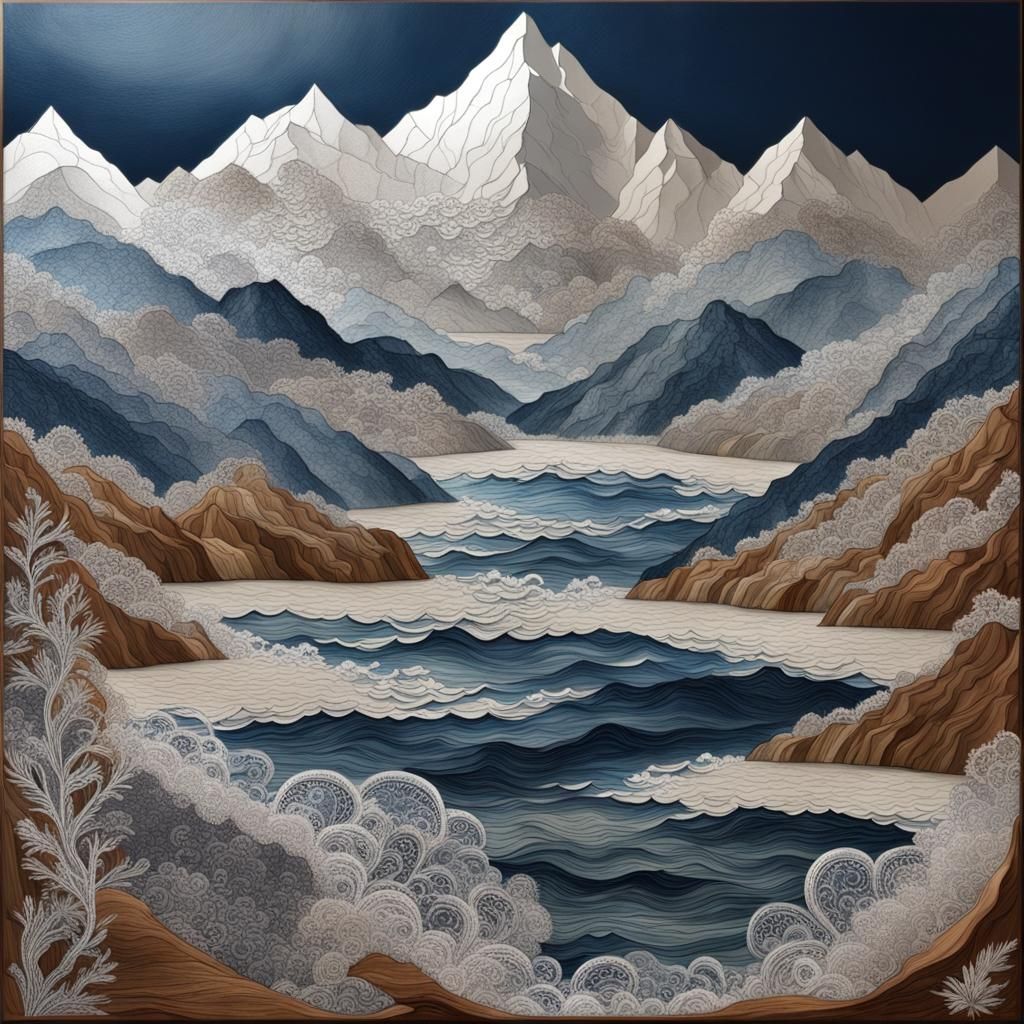 Mixed Media Mountain Landscape Art on Coast