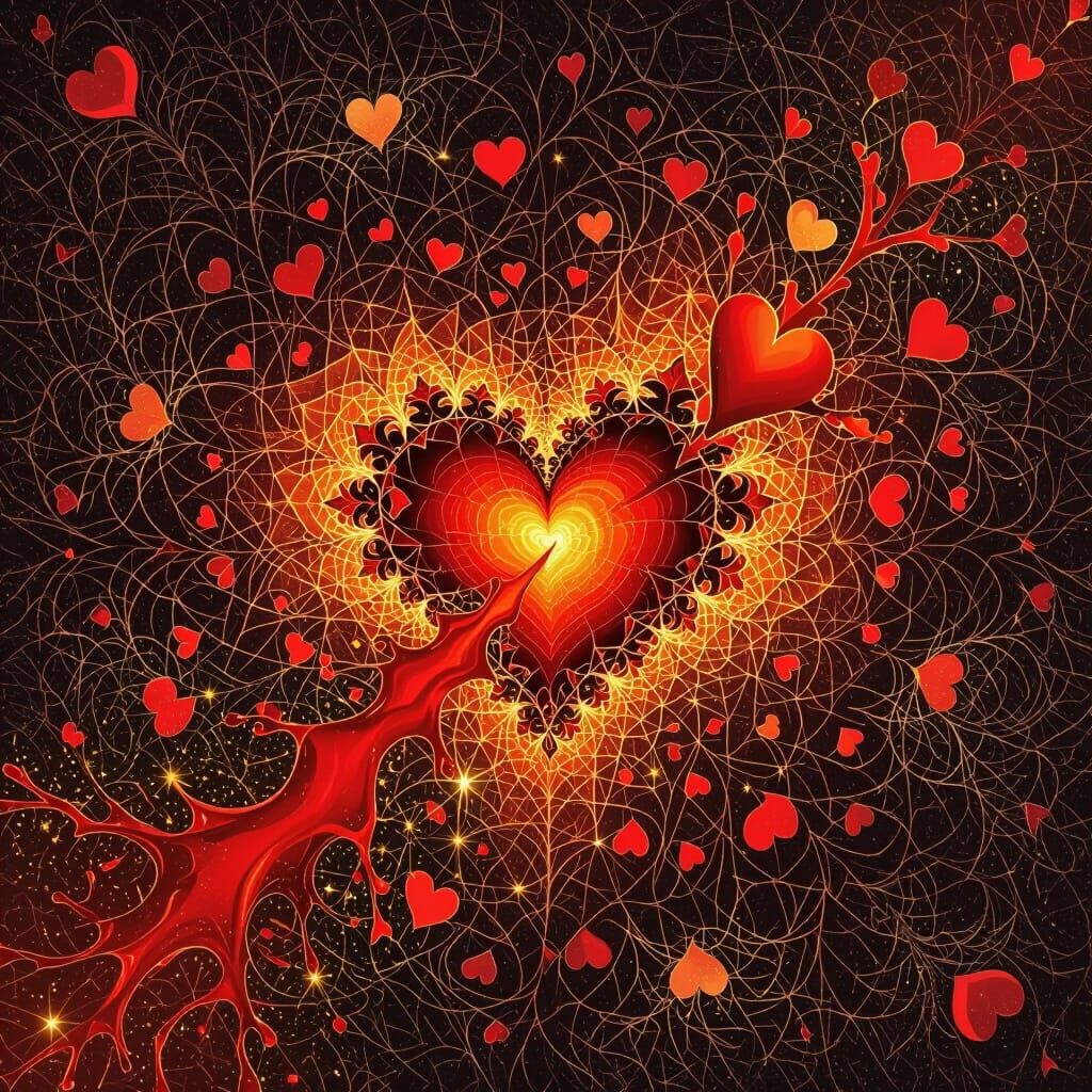 Crimson Fractal Heart with Ink Splash and Gold Sparks