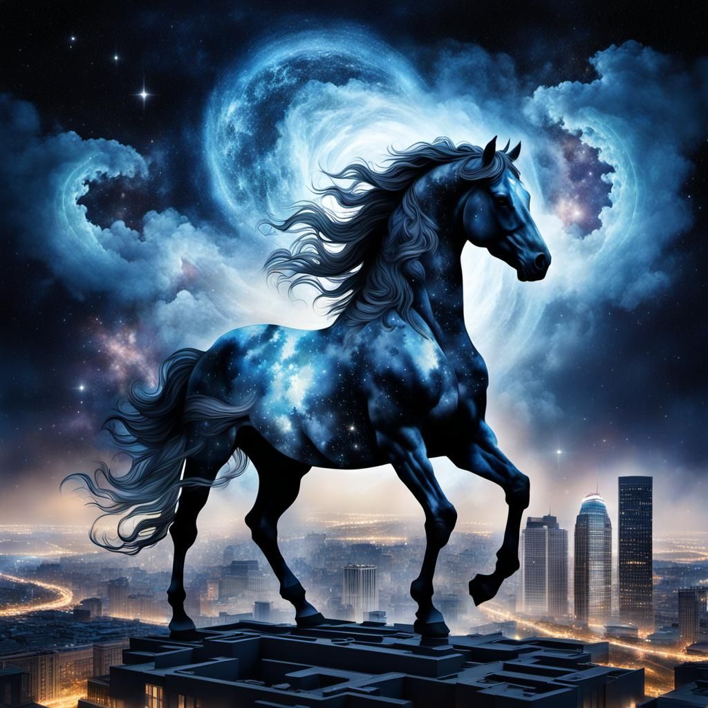 Galaxy Horse Silhouette with Buildings in Fantasy Art