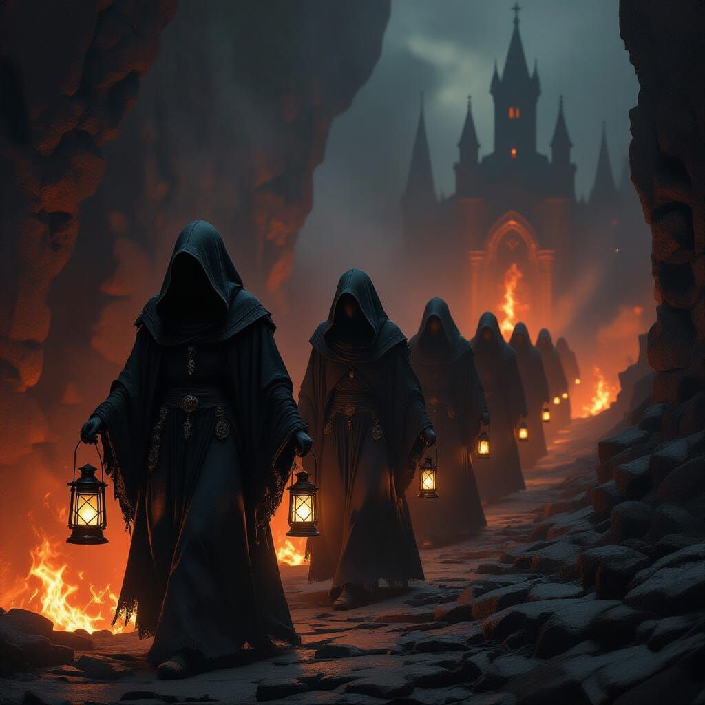 Hooded Figures Descending into Fiery Abyss