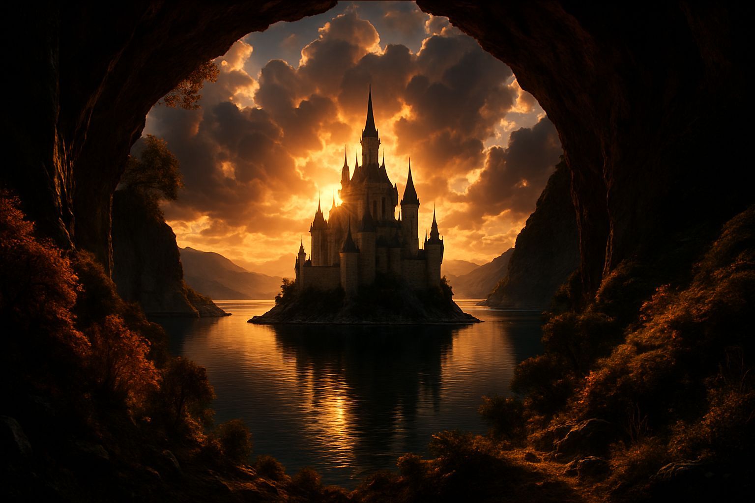Fantasy Castle on Island at Golden Hour Dawn