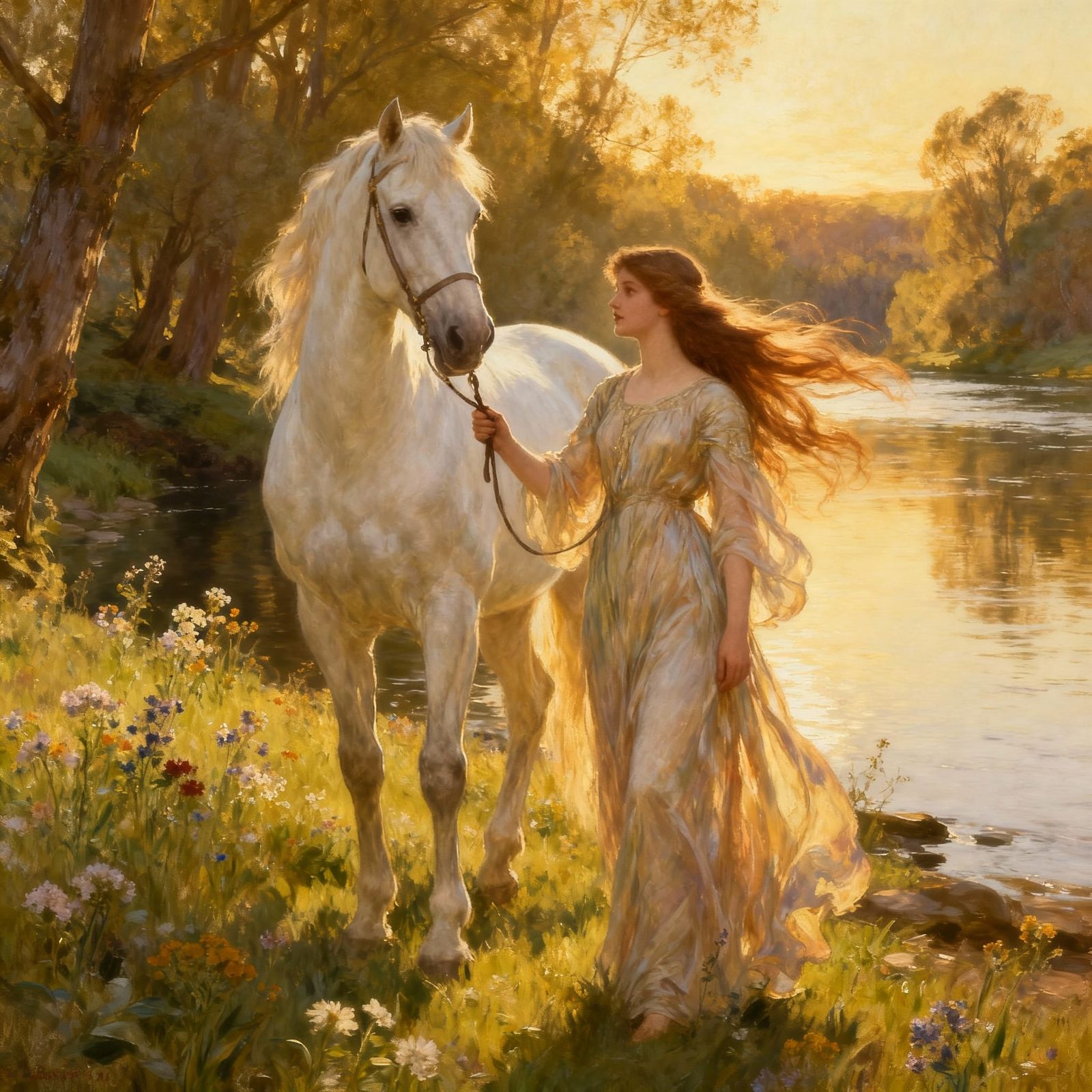 Girl with Horse by River in Golden Sunlight