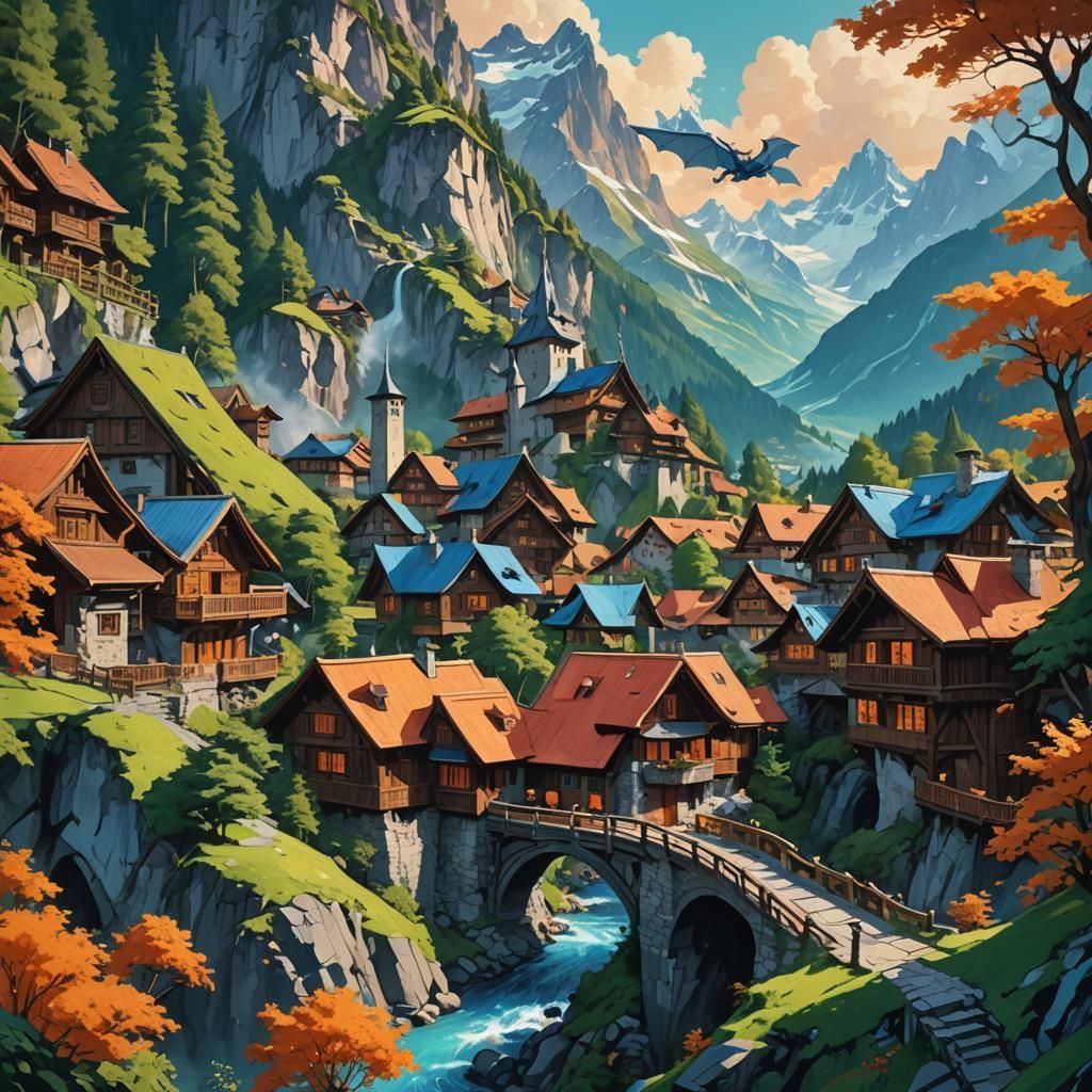 Swiss Alps Village with Dragon in Oil Painting Style