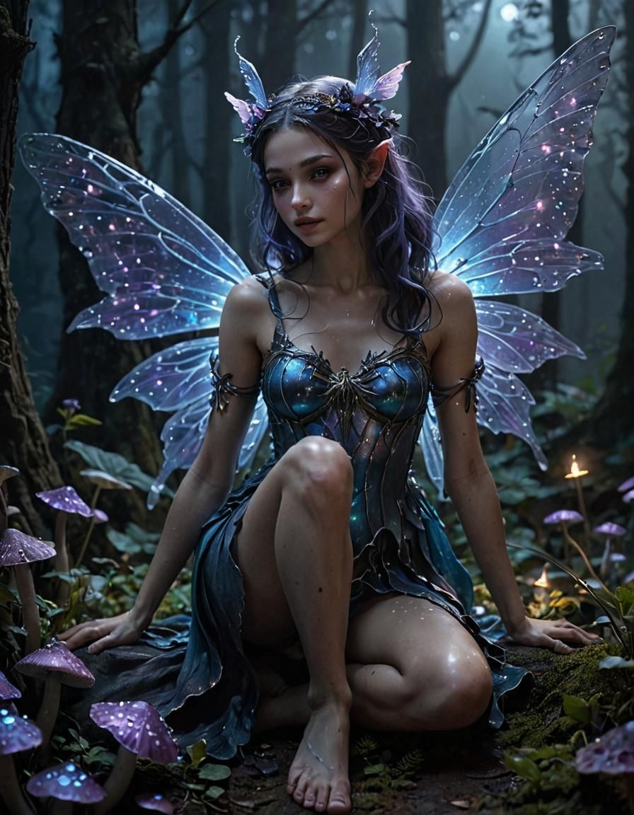 Dark Night Fairy with Iridescent Wings in Fantasy Art