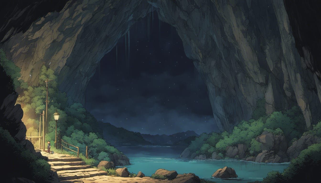 Anime Cave at Night in Ghibli Style