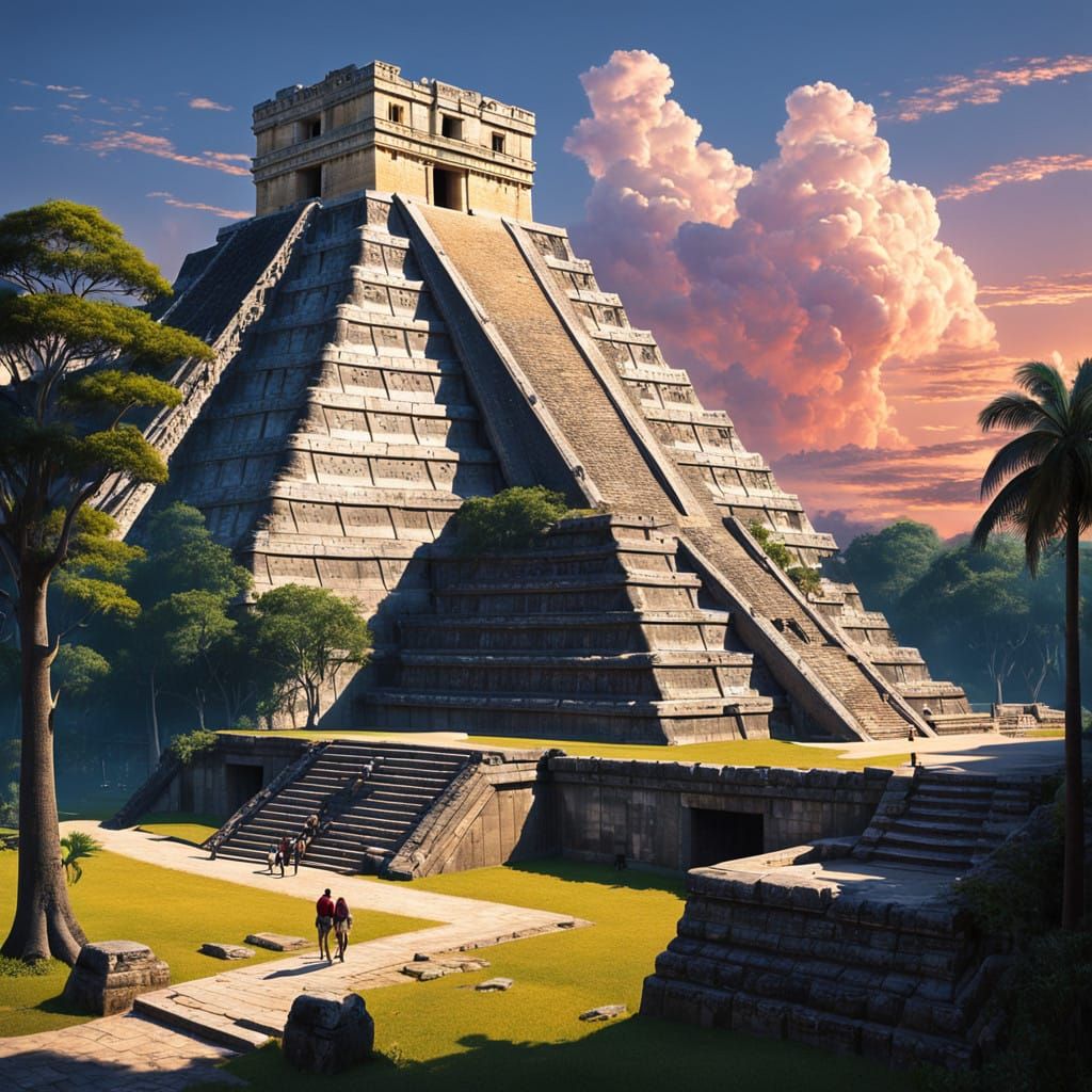 Ancient Mayan City of Chichen Itza in Golden Tropical Sunset