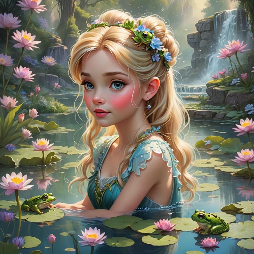 Princess Kisses Frog in Whimsical Disney Style