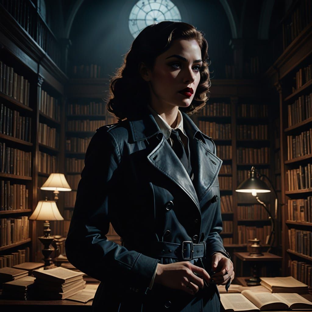 Film Noir Detective in Gothic Library With Dramatic Lighting