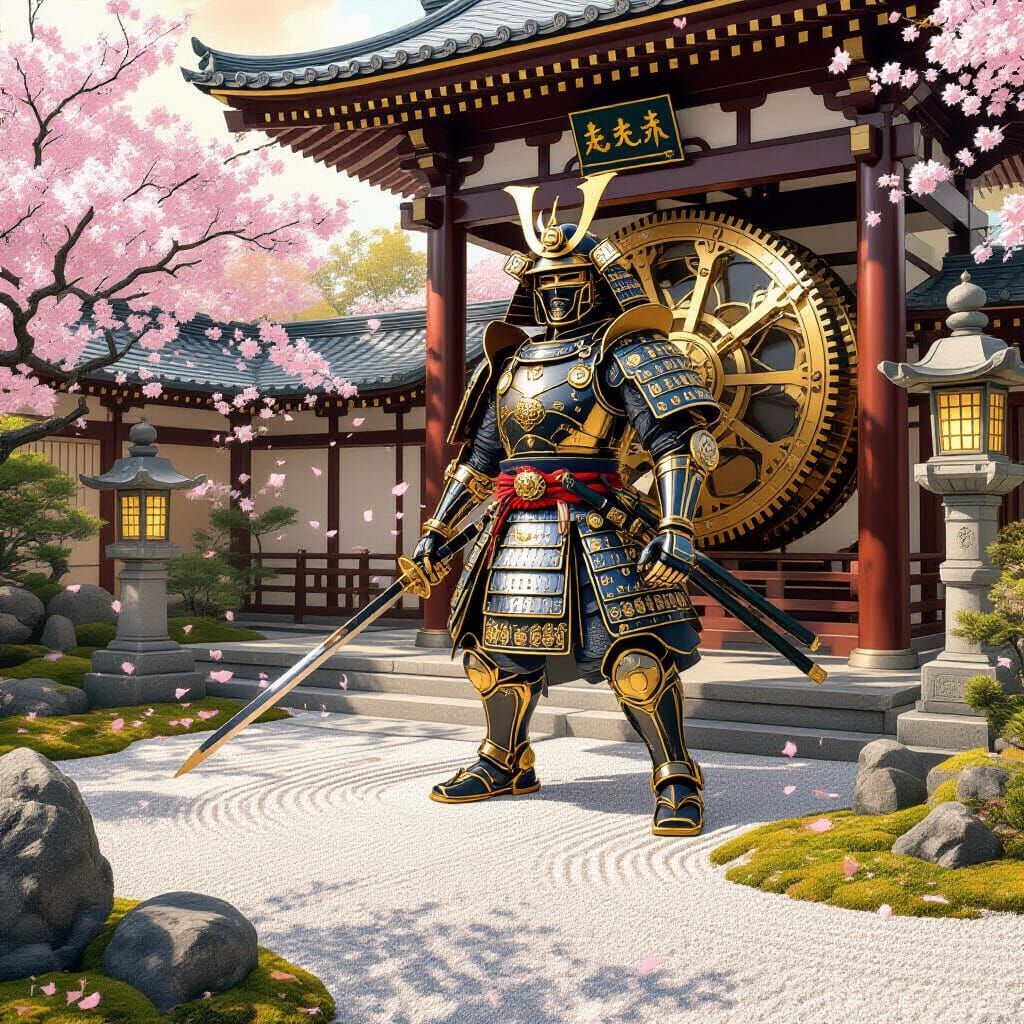 Clockwork Samurai in Zen Garden, Steampunk Style