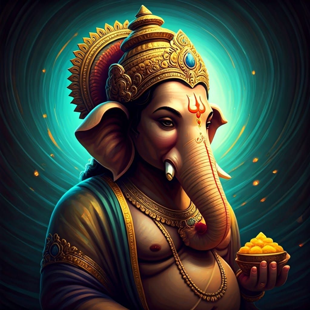 Majestic Ganesha in Saffron and Turquoise Tapestry