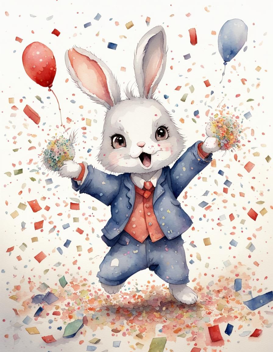 Chibi Rabbit Confetti Watercolor Illustration