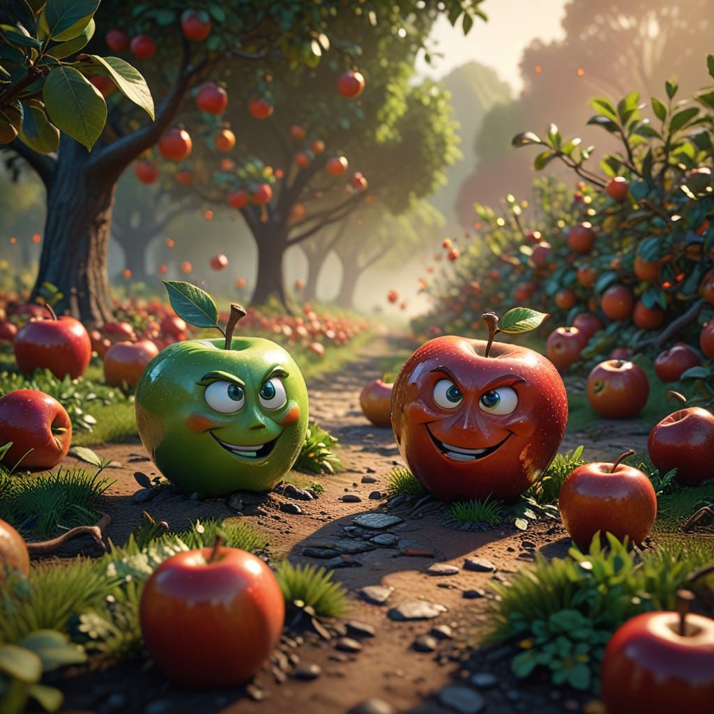 Surreal Apple Grove Scene in Vibrant Oil Painting Style