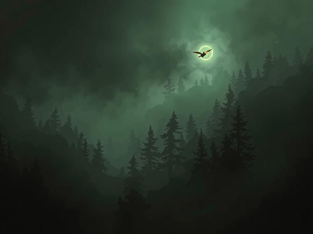 Glowing Will-o-Wisp Over Dark Evergreen Forest