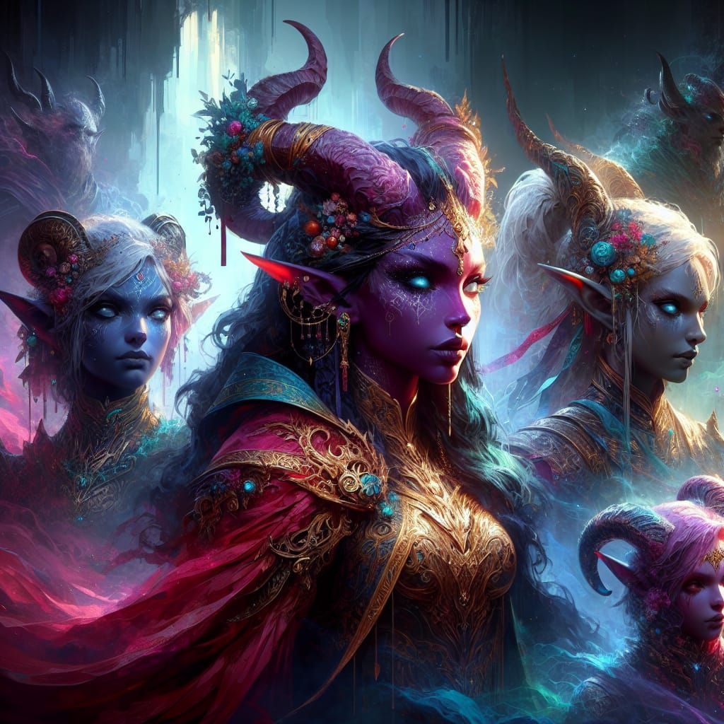 Mystical Tiefling Female Warriors in Matte Painting Style