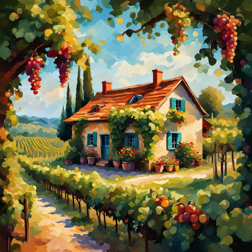 Cozy Cottage Amidst Lush Vineyard in Oil Painting Style