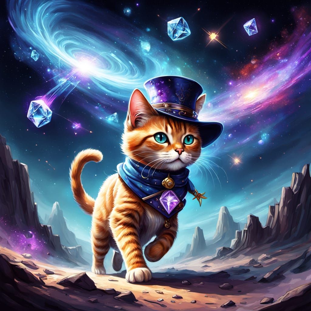Whimsical Cat Chases Diamond Through Vibrant Galaxy