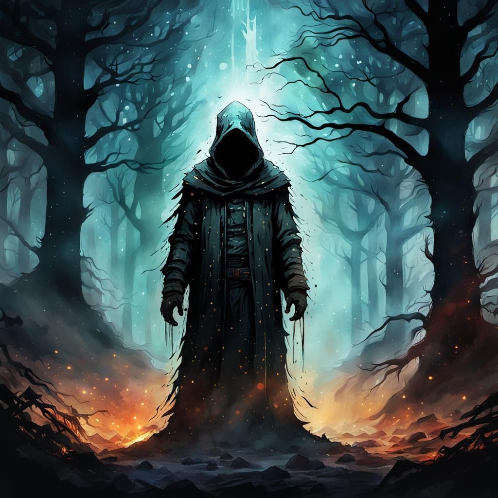 Eerie Hooded Figure in Dark Forest Watercolor