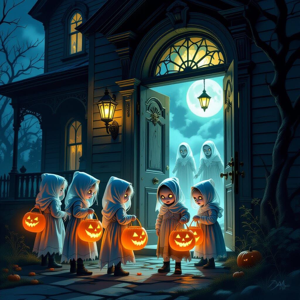 Spectral Children Trick-or-Treating at Haunted Mansion