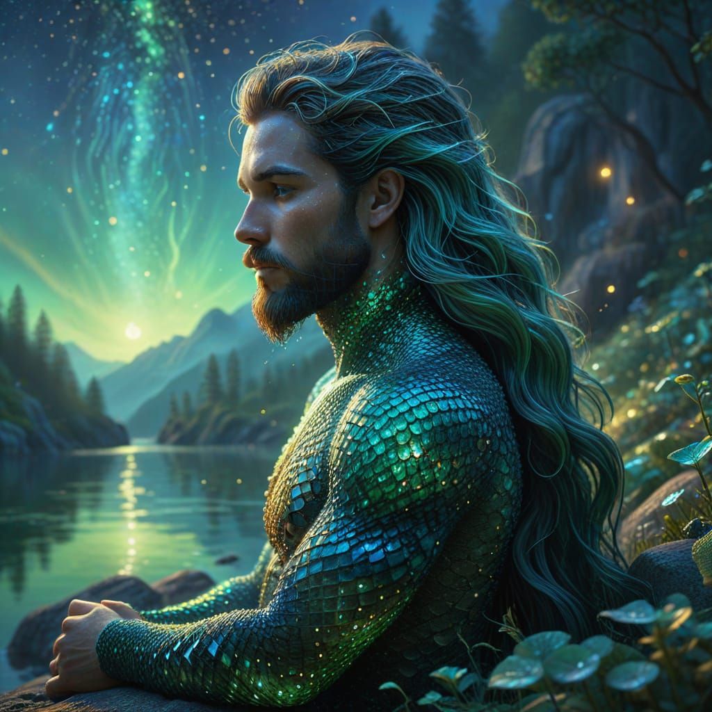 Ethereal Mermaid in Harmony Pointillism Night Scene