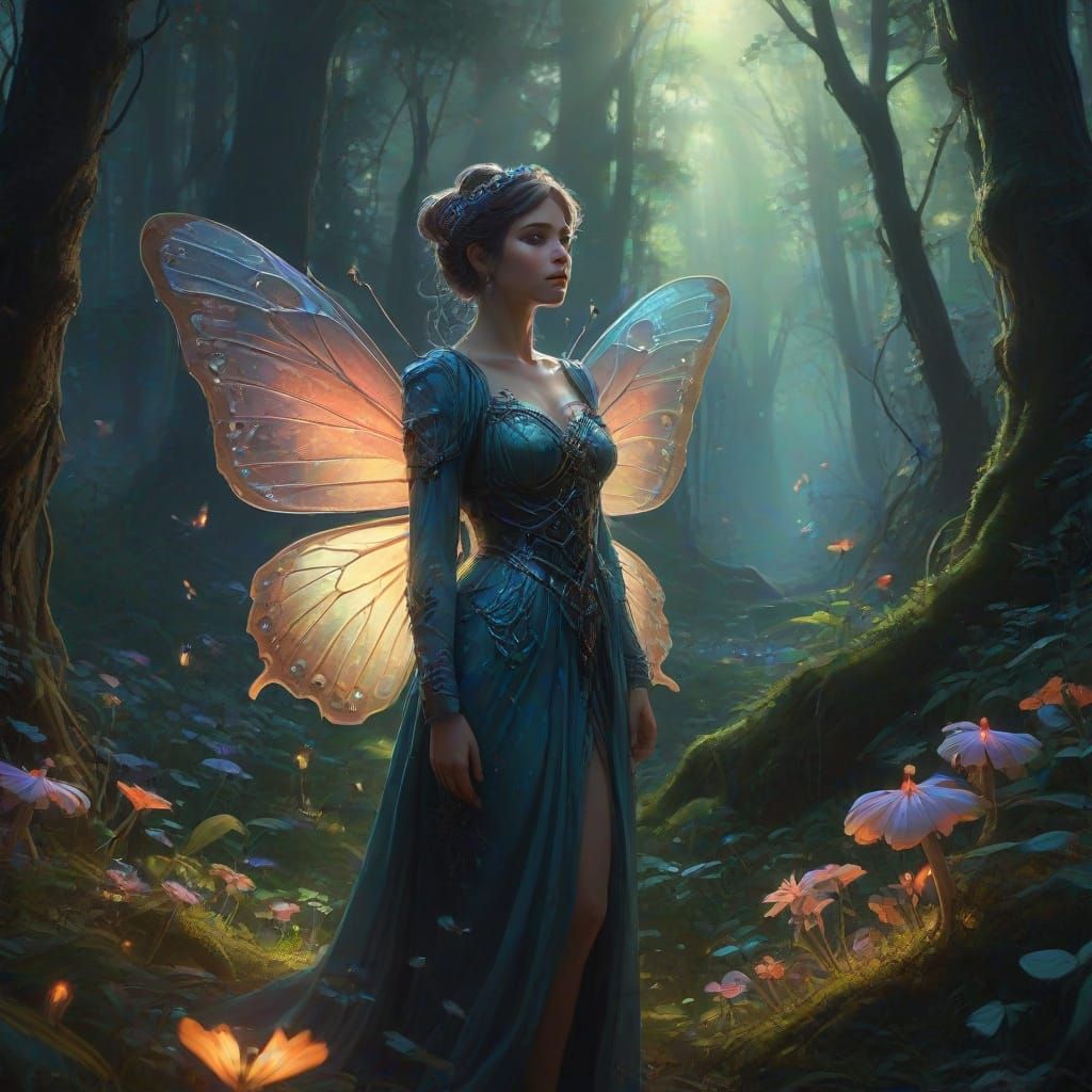 Bioluminescent Fairy in Glowing Mushroom Grove: Dark Fantasy...