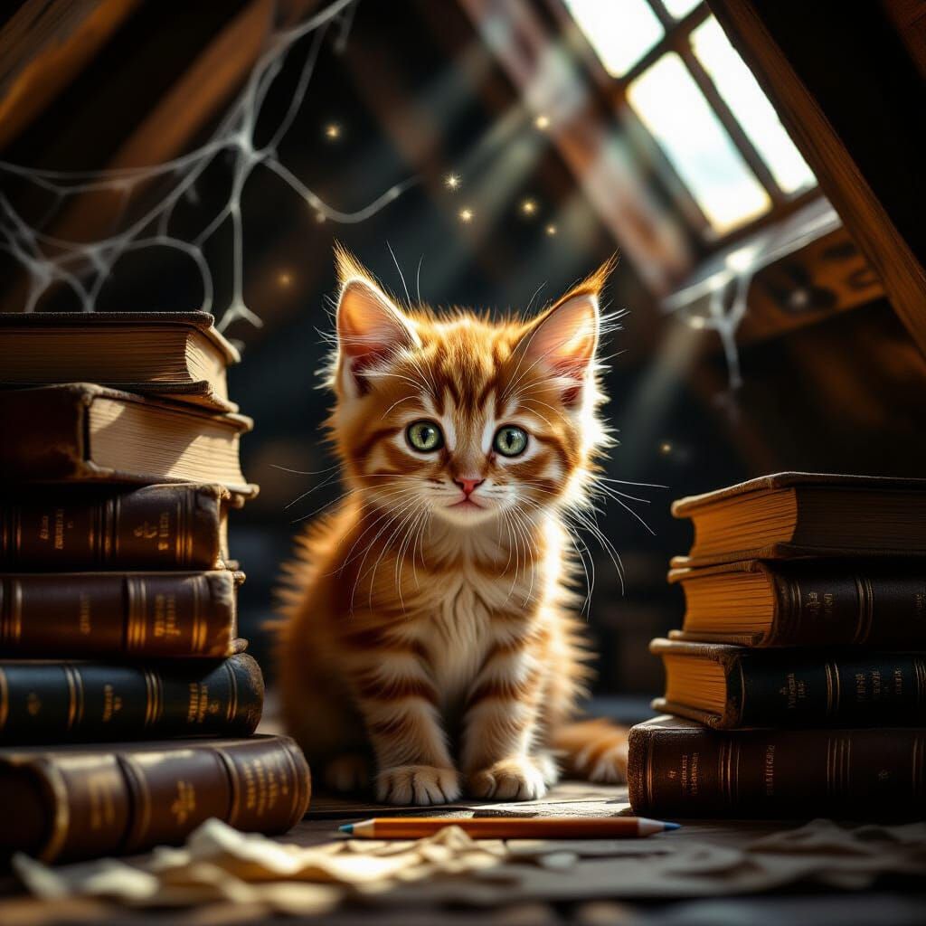 Curious Ginger Kitten Among Antique Books in Dusty Attic